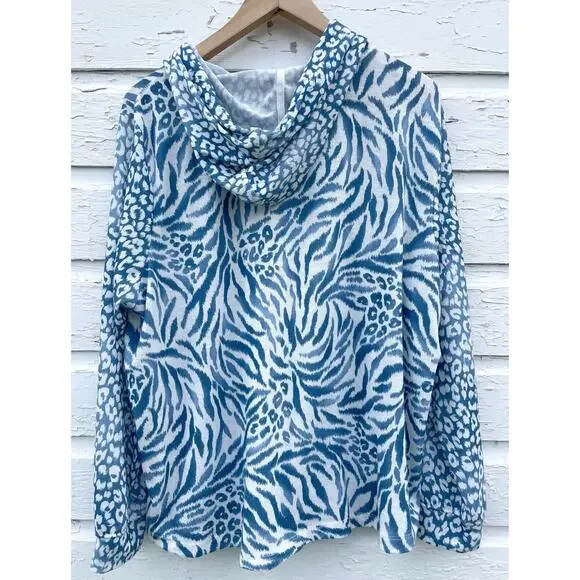 Alfred Dunner Sweater Hooded Womens XL Blue Animal Print Light Coastal Beach - Picture 6 of 6